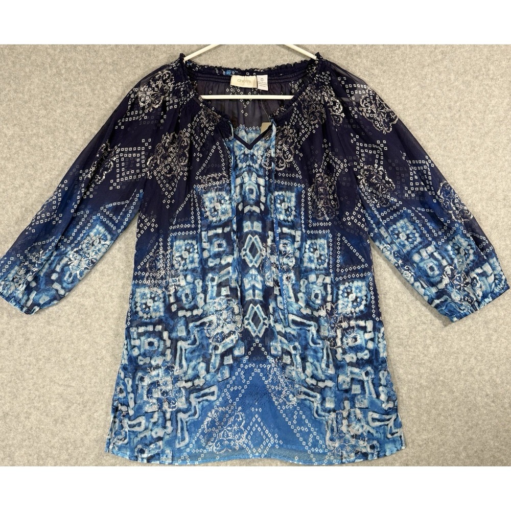 Chico's Tunic Women's Size 0 Small Sanibel Splendor‎ Estie Blue Sheer Tunic NWT